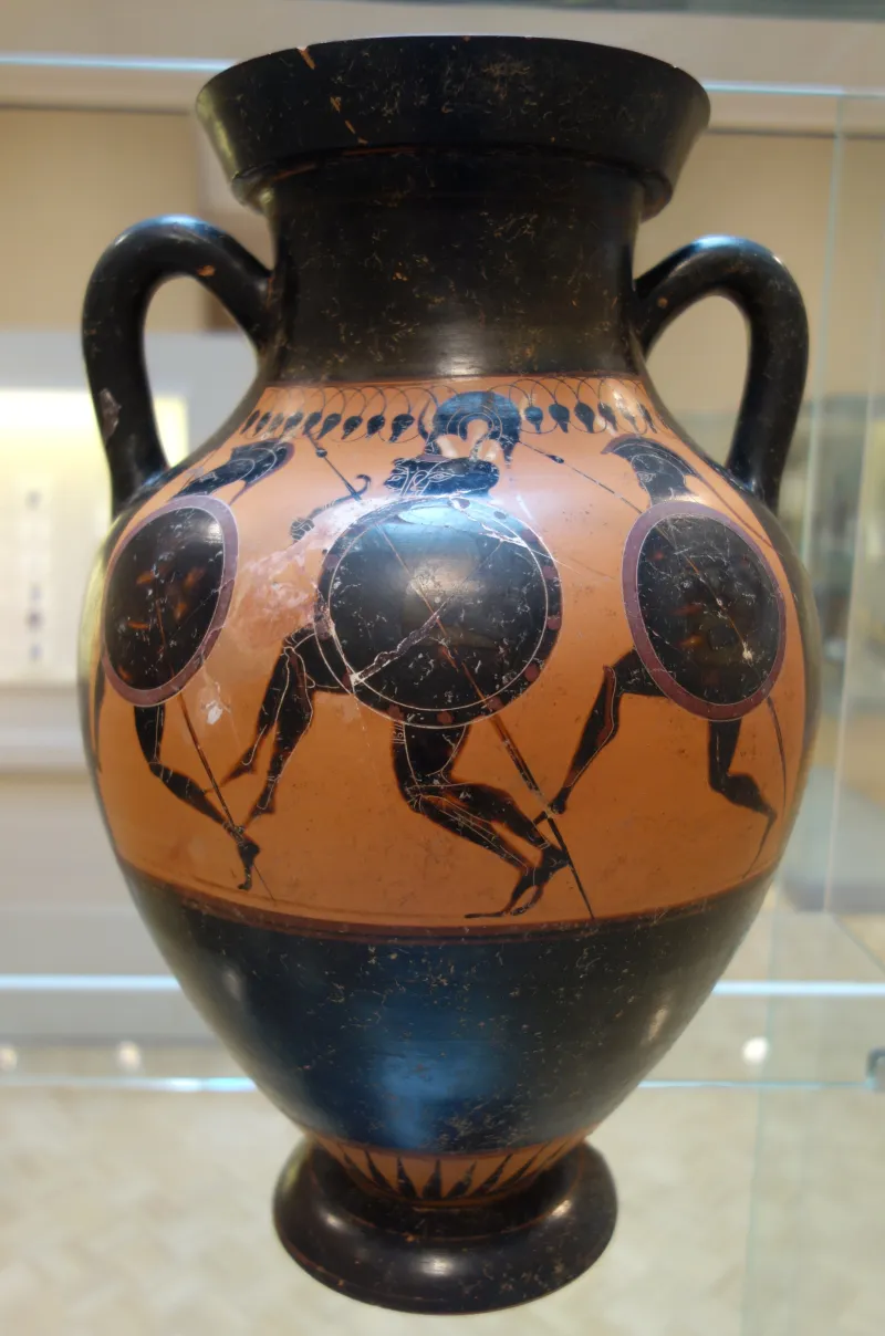 Amphora, Circle Of The Antimenes Painter, Greek, Attica, 520-510 Bc, Side A (Four Hoplites Running), Side B (Four Hoplites Standing), Ceramic, Black Figure Decoration - Chazen Museum Of Art - 