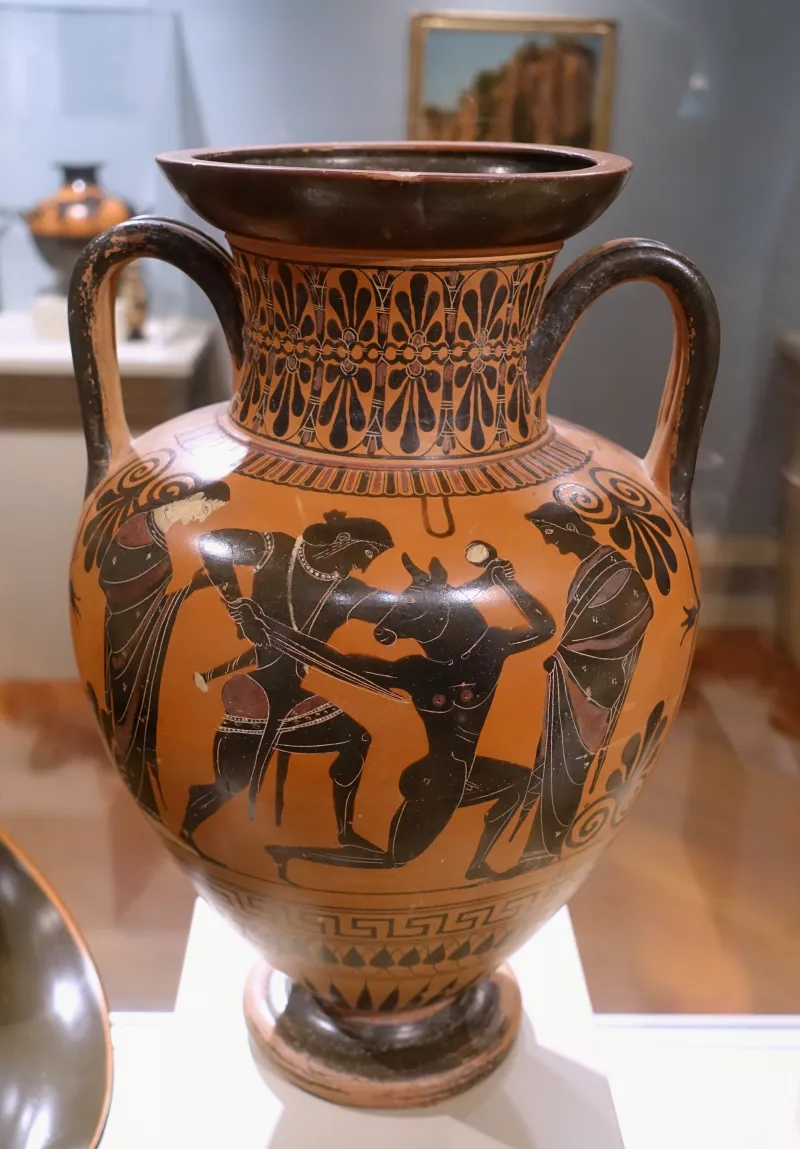Amphora With Theseus And The Minotaur, Circle Of The Antimenes Painter, Greek, Attic, Archaic Period, 520-520 Bc, Terracotta - Middlebury College Museum Of Art - Middlebury, Vt - 