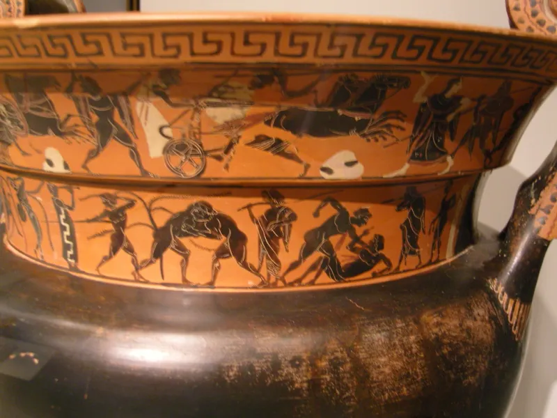 Ancient Greek Terracotta Vessel With Battle Scenes And 