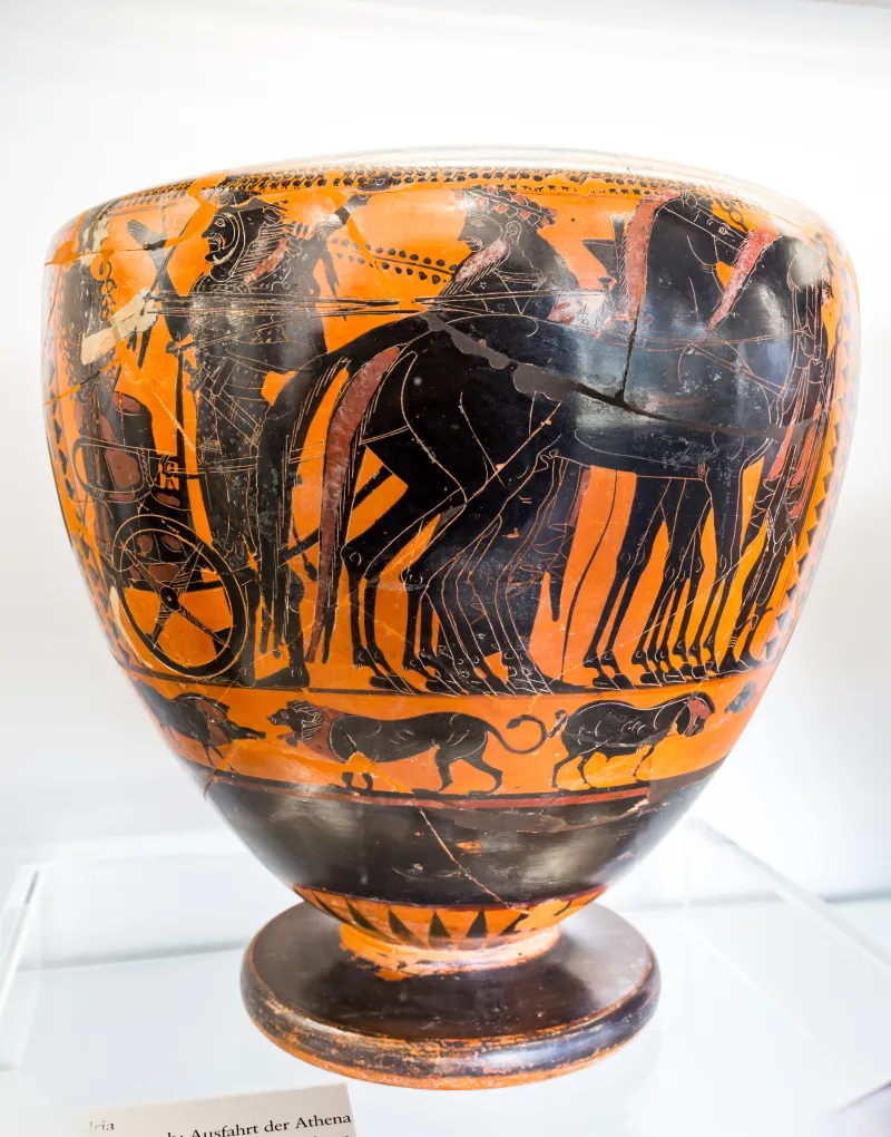 Antimenes Painter - Abv 267 16 - Herakles And The Lion - Athena Mounting Chariot And Gods - Frankfurt Am Β 345 - 