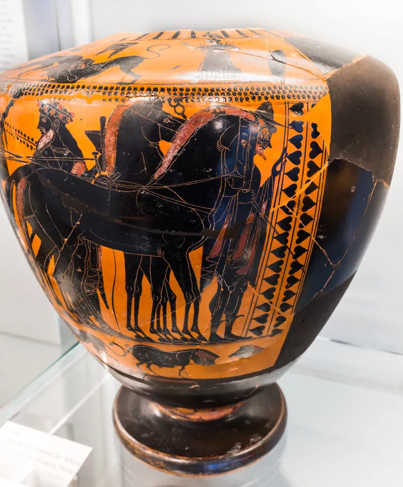 Antimenes Painter - Abv 267 16 - Herakles And The Lion - Athena Mounting Chariot And Gods - Frankfurt Am Β 345 - 
