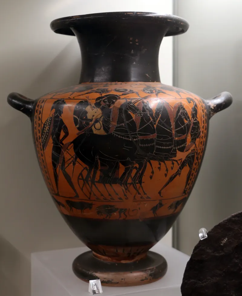 Pittore Di Antimenes, Hydria Attica Con Partenza Del Guerriero Su Quadriga, Dalla Tomba L Della Osteria, 530-510 Ac 