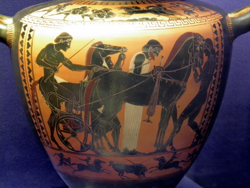 Preparing A Chariot For A Race, Black-Figured Hydria, Made In Athens About 520-500 Bc, Attributed To The Antimenes Painter, Winning At The Ancient Games, British Museum 