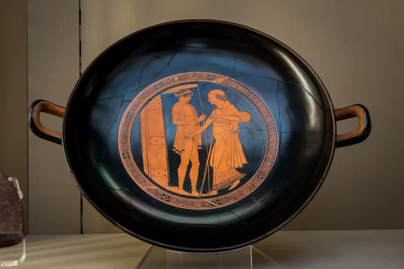 Briseis Painter Arv 406 2 Young Guard With Spear And Old Man At Door - Dionysos With Satyrs And Maenads 