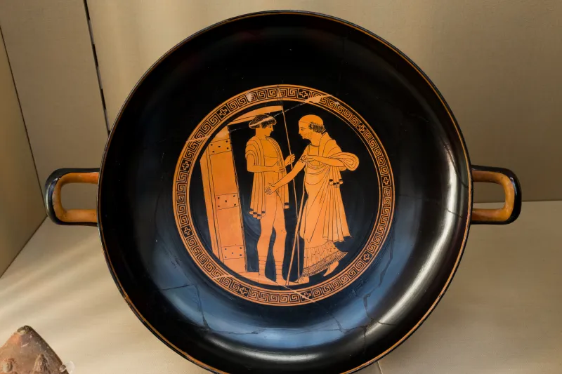 Briseis Painter Arv 406 2 Young Guard With Spear And Old Man At Door - Dionysos With Satyrs And Maenads 