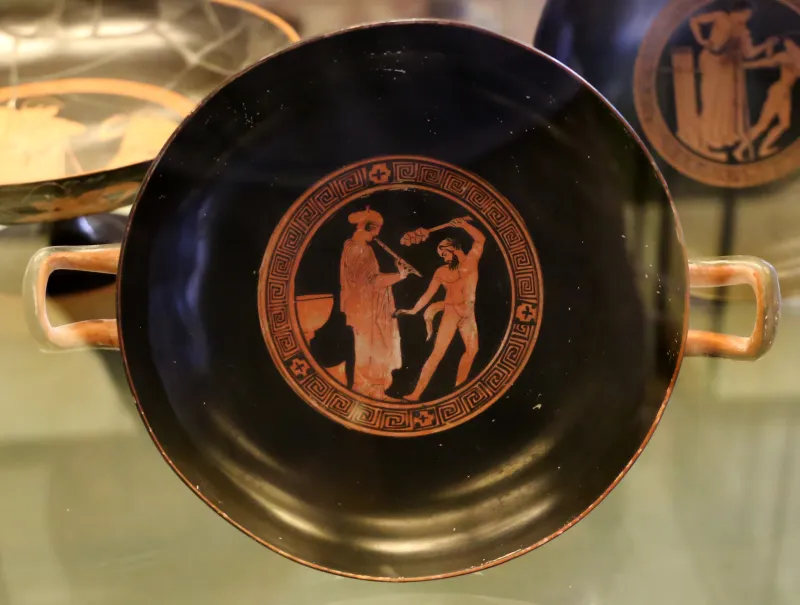 Pittore Di Brussels, Kylix Attica Con Donna Che Suona Doppio Flauto, Satirello E Scene Di Palestra, 440-430 Ac 