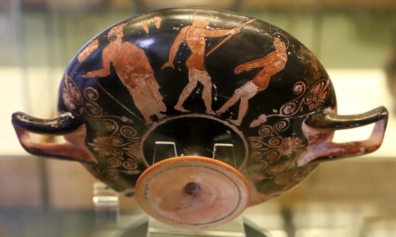 Pittore Di Brussels, Kylix Attica Con Donna Che Suona Doppio Flauto, Satirello E Scene Di Palestra, 440-430 Ac 