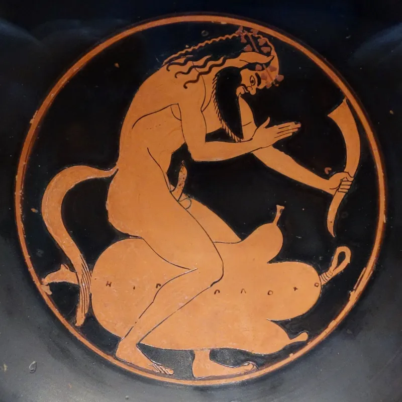Red-Figure Kylix Satyr With Wineskins (Boston Mfa 