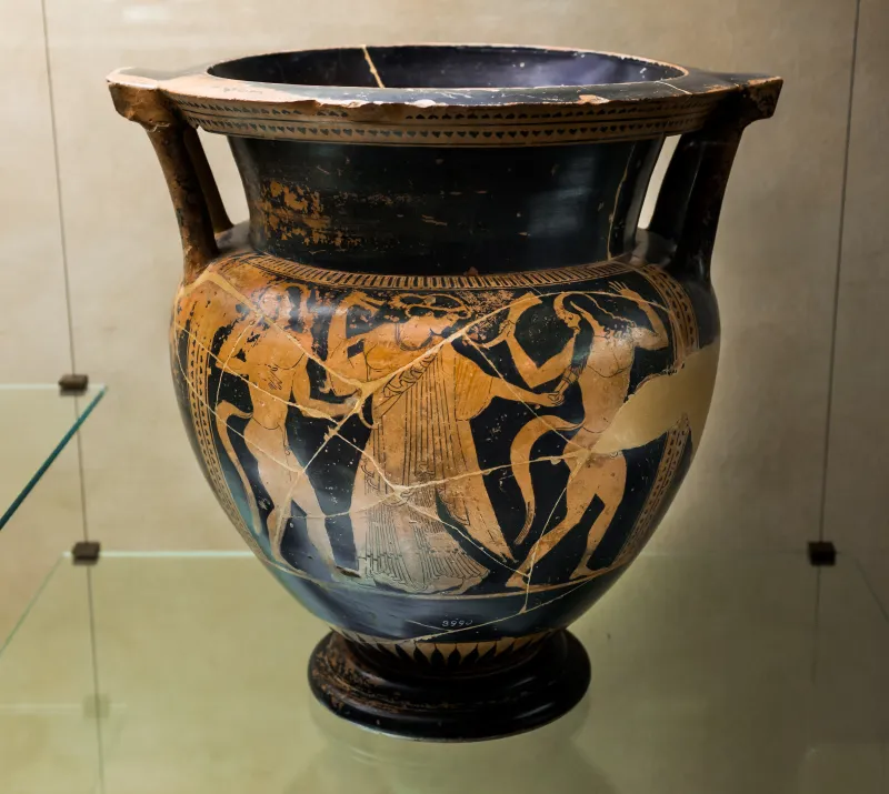 Eucharides Painter Arv 228 22 Warrior Leaving Home - Maenad Between Two Satyrs 