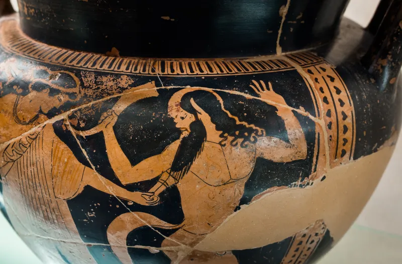 Eucharides Painter Arv 228 22 Warrior Leaving Home - Maenad Between Two Satyrs 
