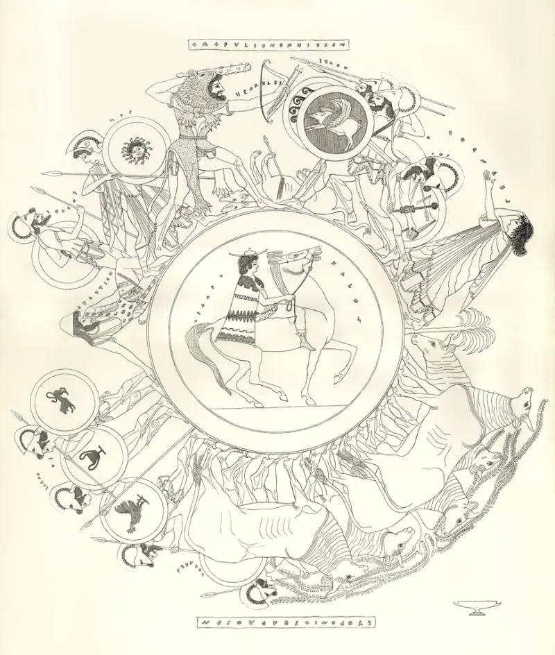 Herakles And Geryon; Synthesized Drawing After Interior Tondo And Exterior Of An Attic Red-Figure Kylix 