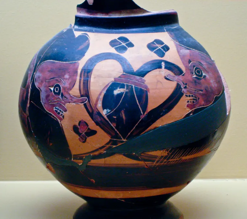 Agma Black-Figured Oinochoe With Satyr Heads 