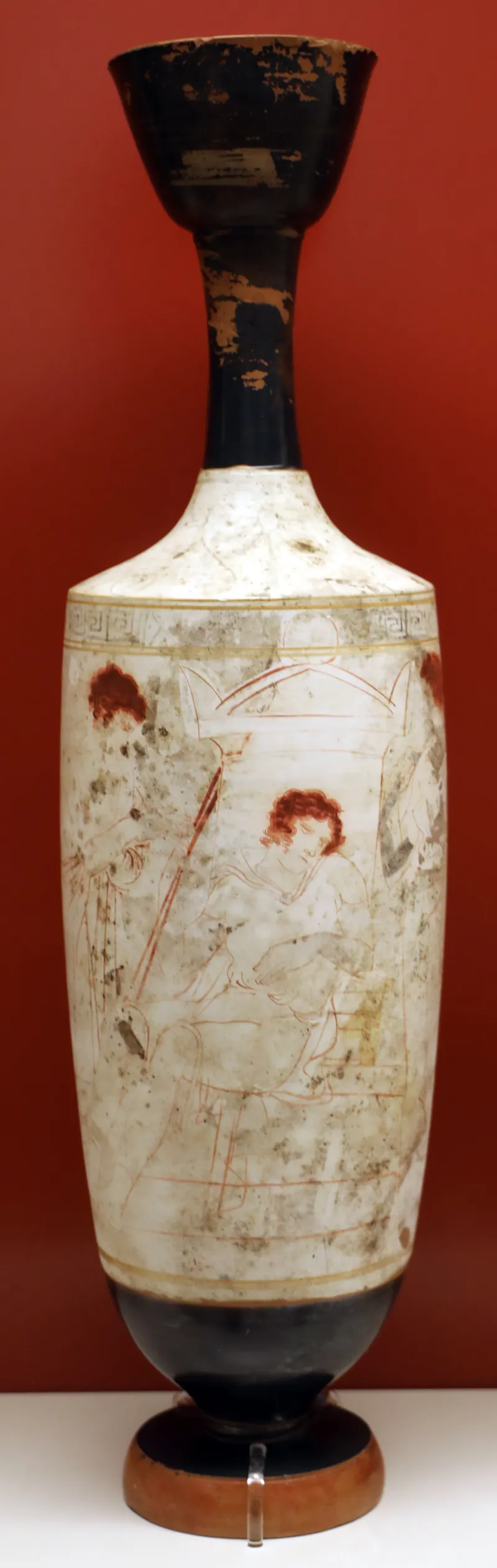 Periodo Classico Tardo, Lekythos Attico A Sfondo Bianco Con Guerriero Presso La Sua Tomba E Due Astanti, Da Eretria, Gruppo R, 410 Ac 