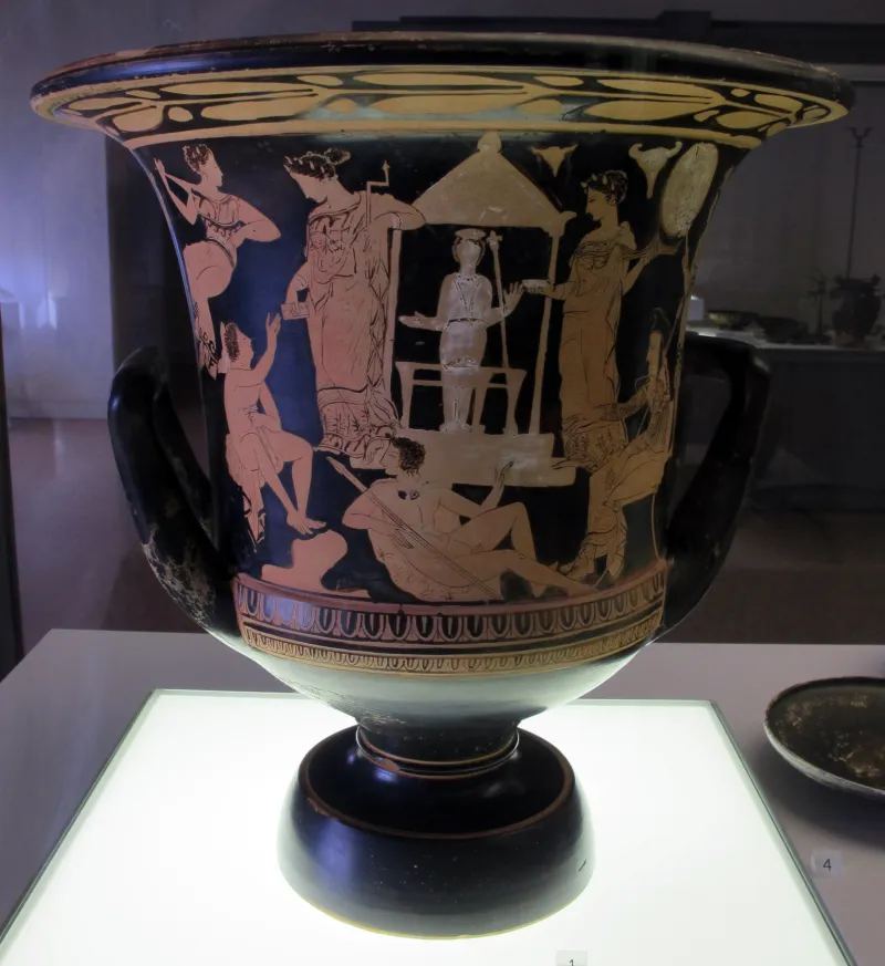 Pittore Di Ifigenia, Cratere Con Ifigenia Presso Tempio Di Artemide In Tauride, Satiri, Da Tomba 1145, 400-390 