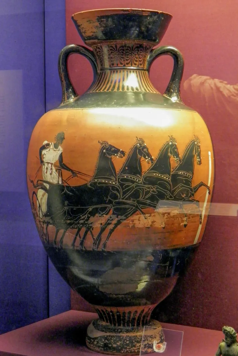 Panathenaic Prize Amphora Of A Chariot Race, Made In Athens About 410–400 Bc, Found At Taucheira In Cyrenaica, Modern Libya, Winning At The Ancient Games, British Museum 
