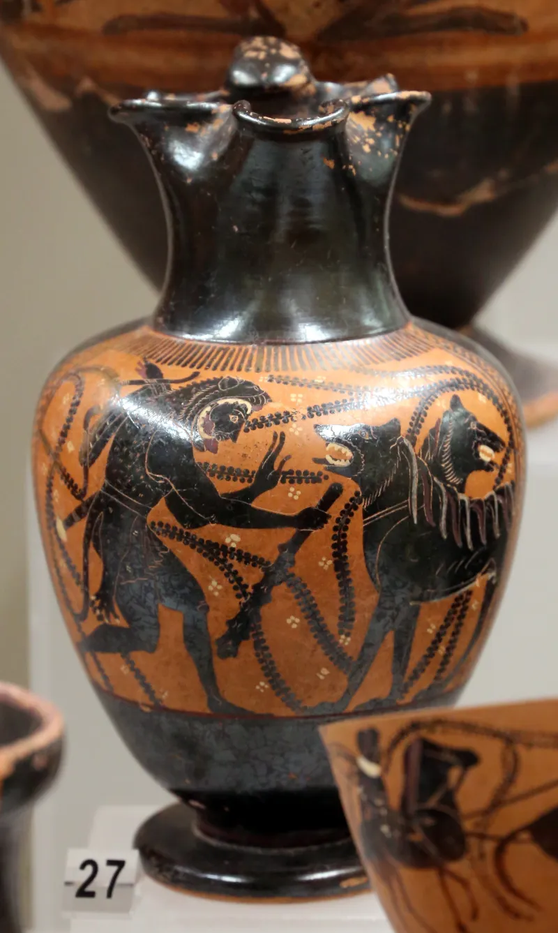 Gruppo Di Leagros (Ambito), Oinochoe Attica Con Eracle E Cerbero, Dalla Tomba Di Vasi Del Pittore Di Micali, Osteria, 520-510 Ac 