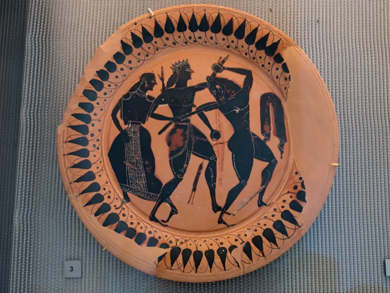 Black Figure Plate, Lydos, Theseus And Minotaur, Acma, 