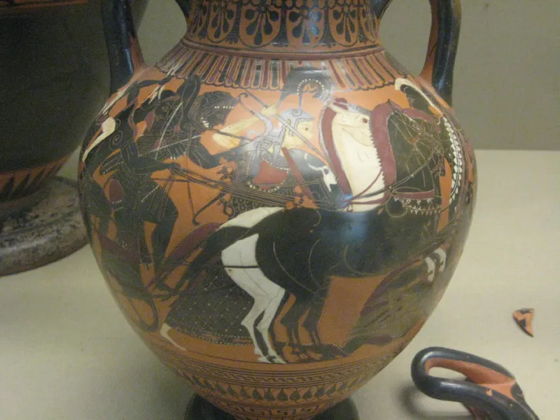 Black-Figured Amphora (Jar) Depicting The Battle Of Gods And 