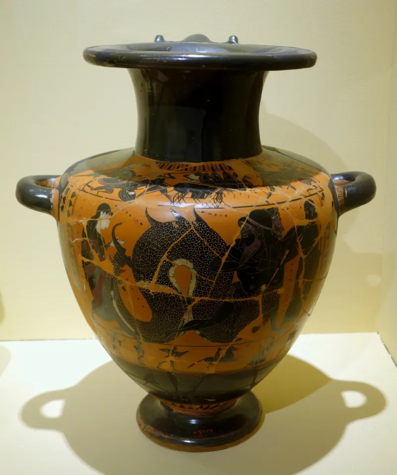 Black-Figured Hydria With Scene Of Herakles Wrestling Triton, Greek, Athens, Related To The Lysippides Painter, 530-520 Bc, Ceramic - Fitchburg Art Museum - 