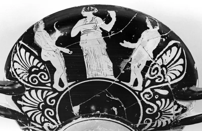 Meleager Painter - Type B Kylix Depicting Maenad And Satyr And Women And Athletes - Walters 4892 - Side A 
