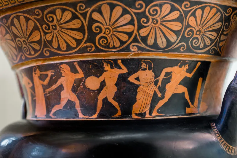 Nikoxenos Painter Arv 221 14 Athletes With Trainer And Flute Player - Satyrs As Athletes 