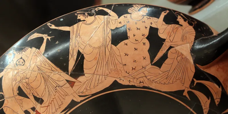 Oltos, Kylix Attica Con Eracle Contro Nereo E Processione, 520 Ac Dalla Tomba Martini Marescotti 610 Di Monte Abatone 