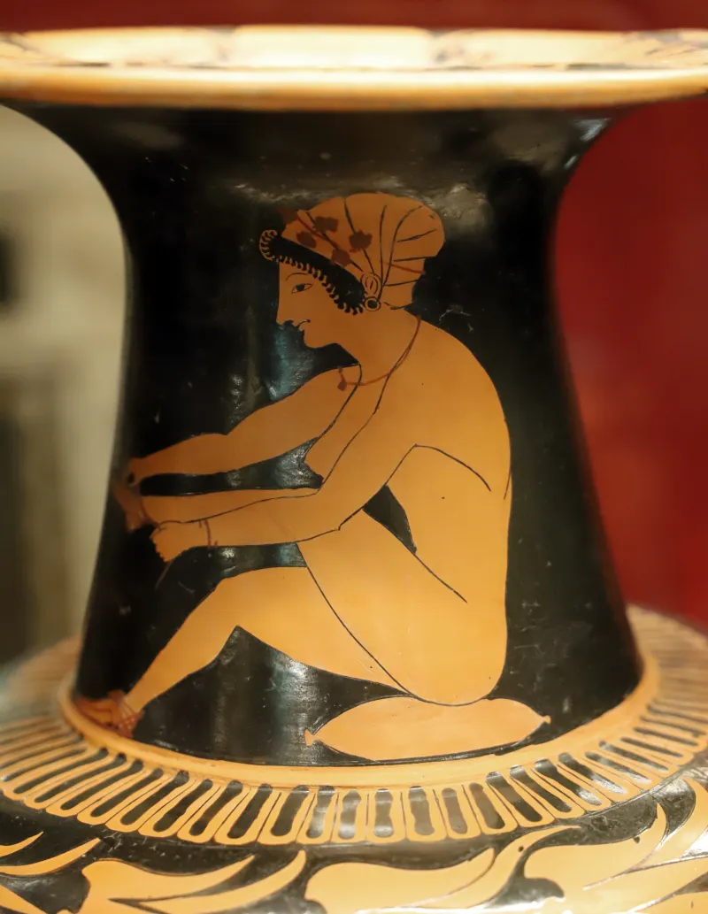 Pamphaios E Olthos, Anfora Nicostenica Attica Con Donne Che Si Allacciano I Sandali, 520-510 Ac (Louvre) 
