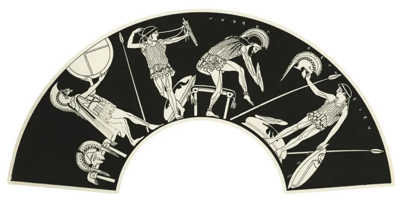 Two Men And Two Youths Arming Themselves For Battle, Drawing After Exterior Of An Attic Red-Figure Kylix 