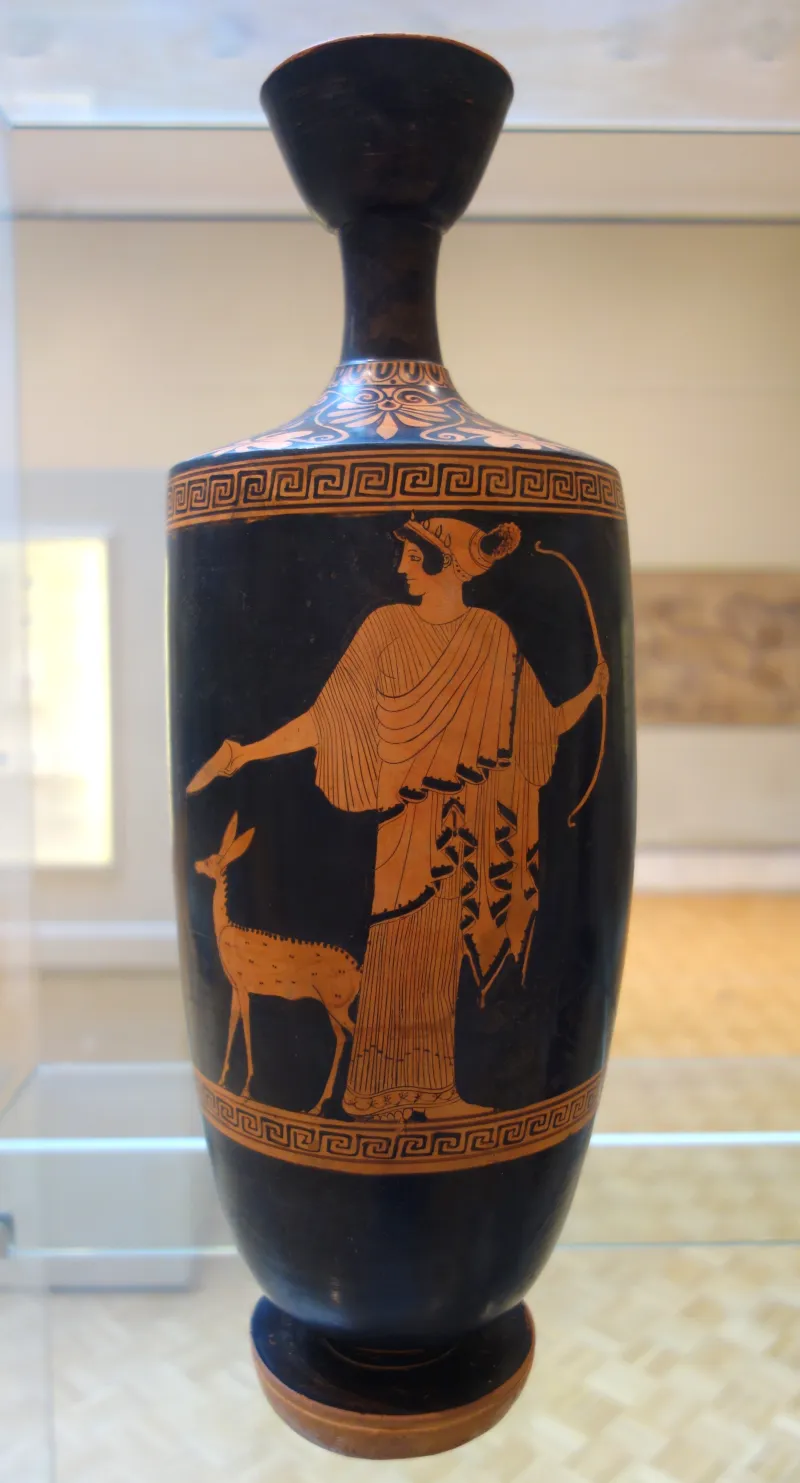 Lekythos With Artemis Pouring Libation And Faun, View 1, Oreithyia Painter, Greek, Attica, 470 Bc, Ceramic, Red Figure Decoration - Chazen Museum Of Art - 