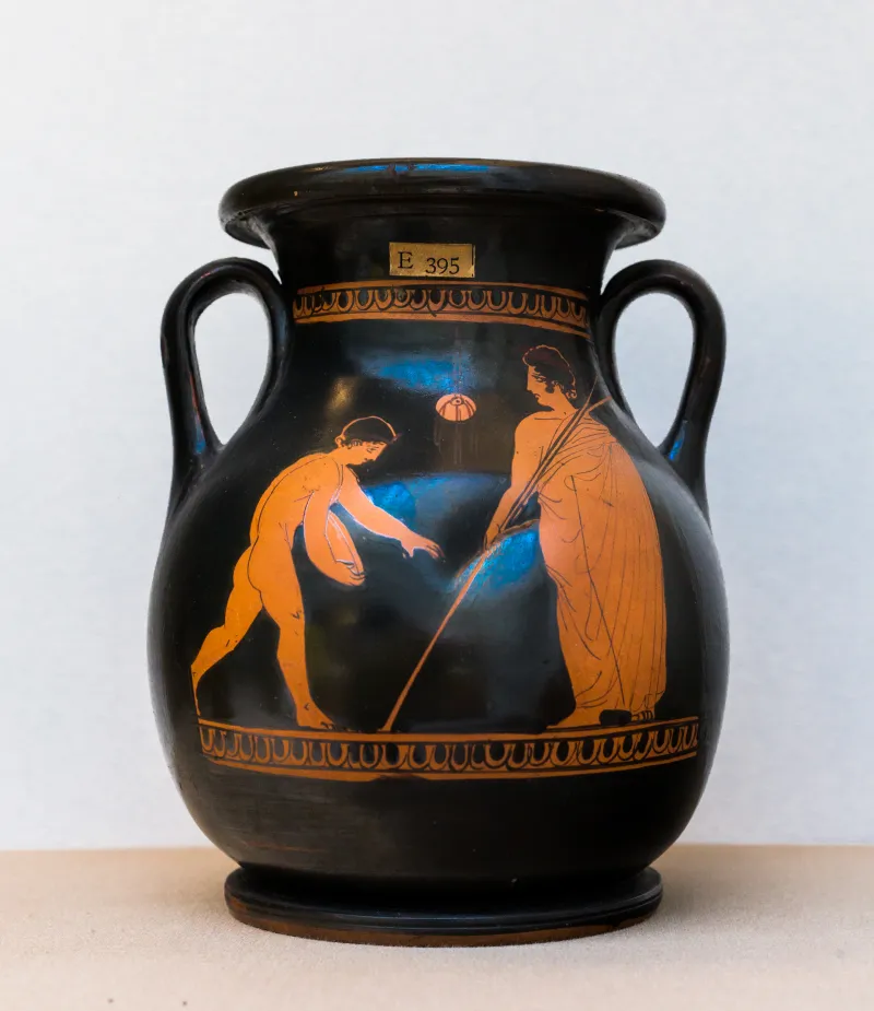 Painter Of London E 395 Arv 1140 1 Young Diskobolos With Trainer - Draped Youth At Pillar 