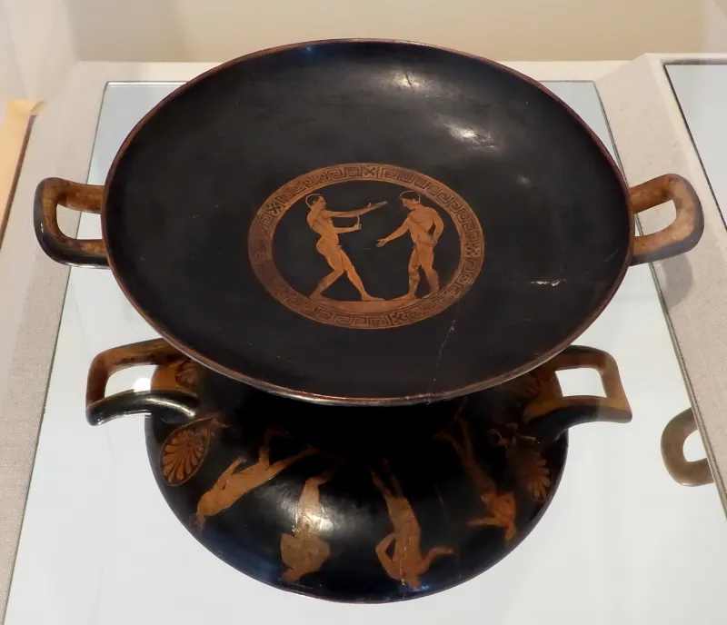 Two Athletes Use Strigils To Scrape Olive Oil From Their Bodies, Kylix Type B, Painter Of Louvre G456, Greek-Attic, 430 Bc, Red-Figure Terracotta - Blanton Museum Of Art - Austin, Texas - 