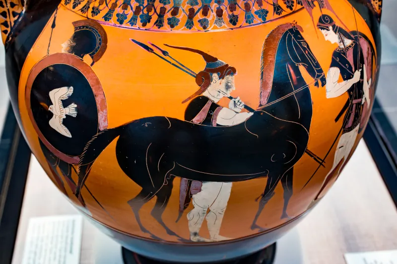 Painter Of Munich 1410 - Abv 311 1 - Battle - Hoplite And Two Amazons Leading Horse - München As 1410 - 