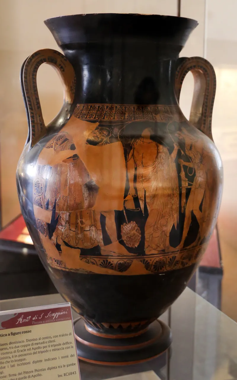 Phintias, Anfora Attica Con Thiasos Dionisiaco E Contesa Di Eracle E Apollo, 520-510 