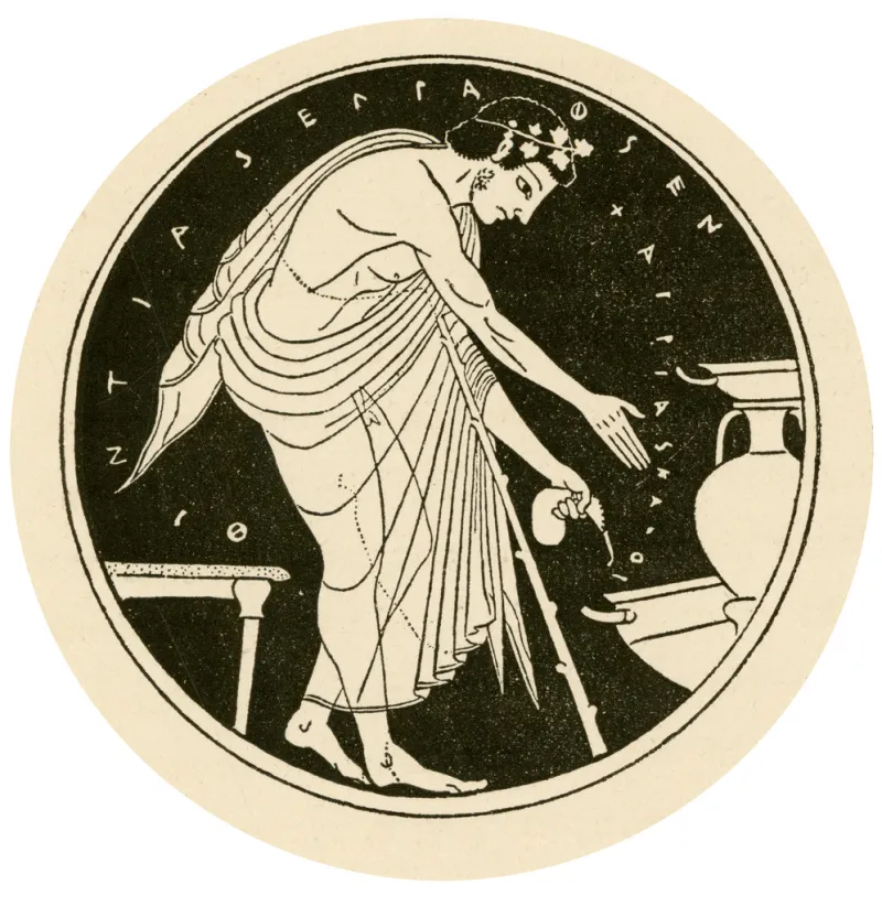 Youth Carrying Money Bag Viewing A Display Of Pottery; After Tondo From An Attic Red-Figure Kylix By Phintias 