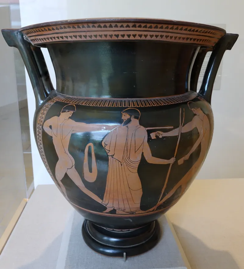 Two Athletes With Trainer, Column-Krater, Attributed To The Pig Painter, Greek-Attic, 470 Bc, Red-Figure Terracotta - Blanton Museum Of Art - Austin, Texas - 