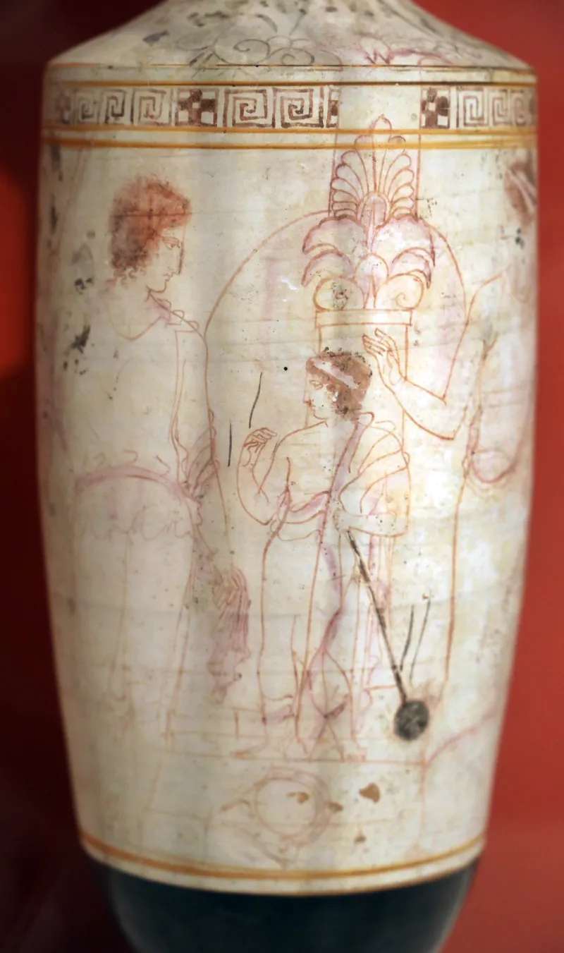 Periodo Classico Maturo, Lekythos Attico A Sfondo Bianco Con Guerriero Presso Tomba E Famiglia Con Bambino Con Giocattolo, Da Eretria, Pittore Di Quadrate, 435-420 Ac Ca, 1936, 