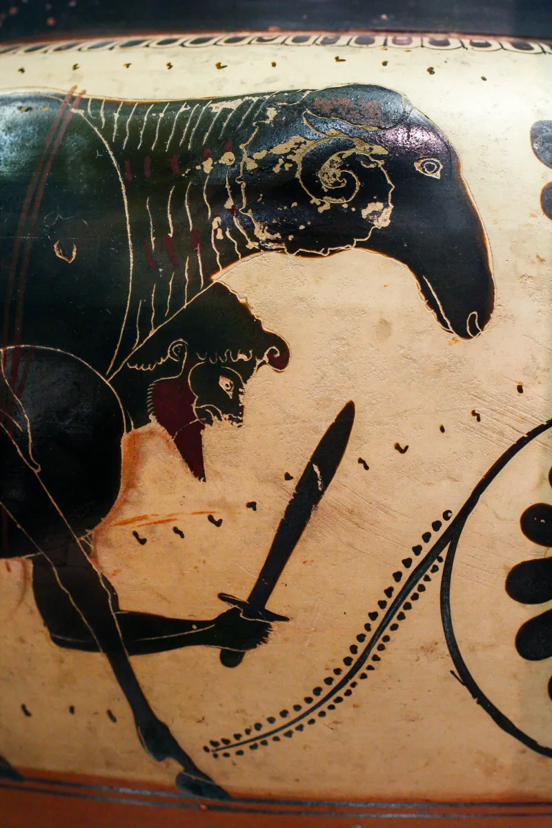 Sappho Painter Abv 507 57 Odysseus Escaping Under The Ram - Amazons 