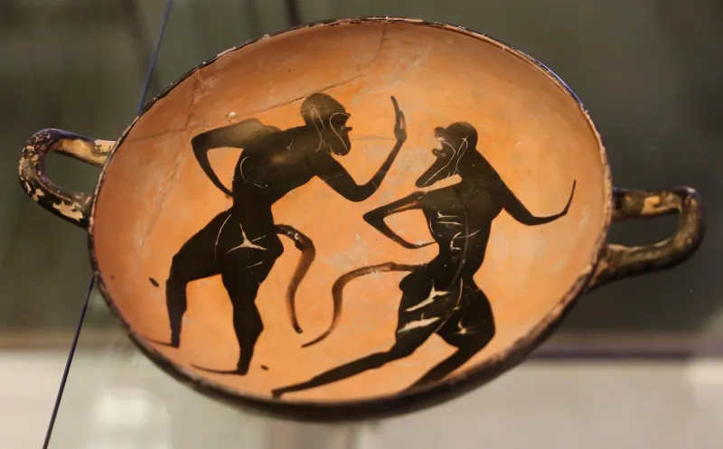 Classe A Segmento, Kylix Attica Del Tipo Stemless Cup Con Due Satiri Danzanti, 525-500 