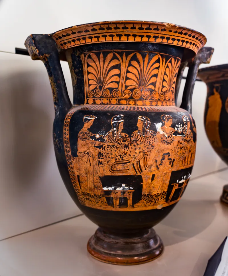 Suessula Painter Arv 1344 Extra - Symposion - Two Draped Youths And Bearded 