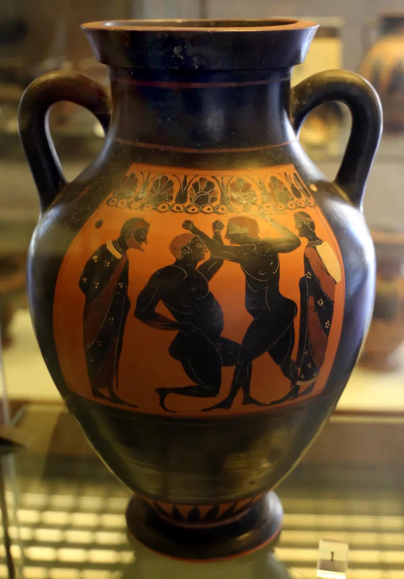 Pittore Dell'altalena, Anfora Attica Con Gara Di Pugilato E Duello Tra Guerrieri, 540-530 Ac 