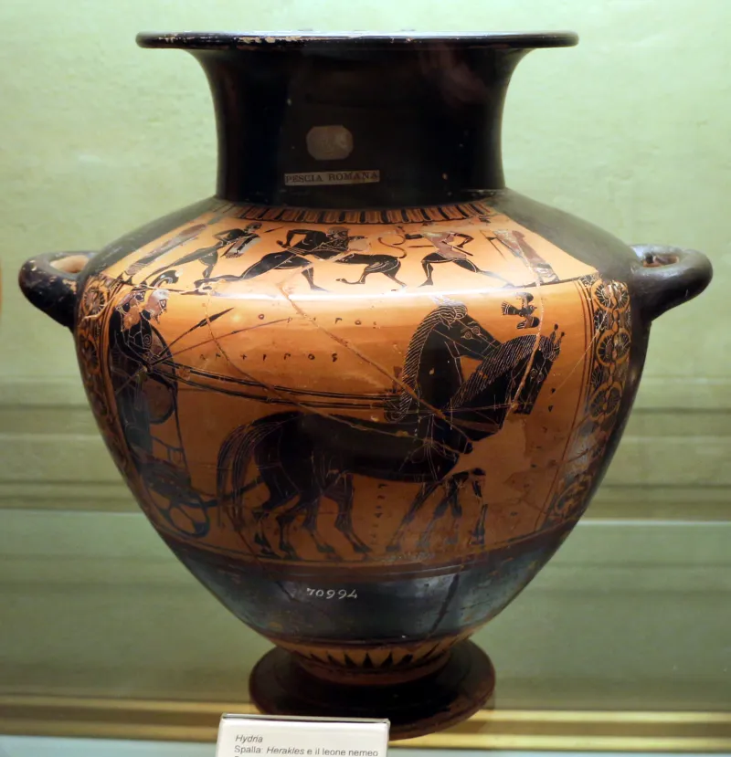 Pittore Di Zurigo, Hydria Attica Con Eracle E Il Leone Nemeo E Partenza Del Guerriero, 550 Ac 